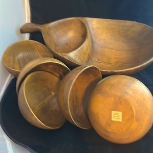 Antique Wooden Salad Bowl Set! Large Double Bowl and Set of 6 Salad Bowls!